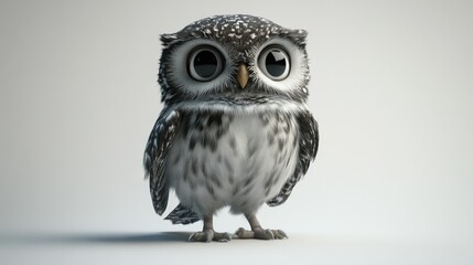 Fototapeta premium Chubby owl perched proudly, with fluffed-out feathers and big eyes, modeled in high-resolution 3D. The image uses subtle studio lighting and a white backdrop to emphasize detail and realism.
