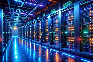 High-Depth-of-Field 3D Render: Neon-Lit Server Room, Dark Blue Background