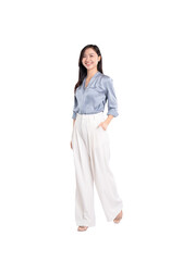 Full body image of young asian business woman posing on white background