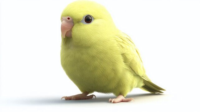 Chubby parakeet in vivid color, fluffy feathers captured in a high-resolution render, clean white backdrop.