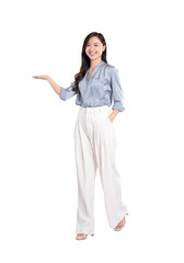 Full body image of young asian business woman posing on white background