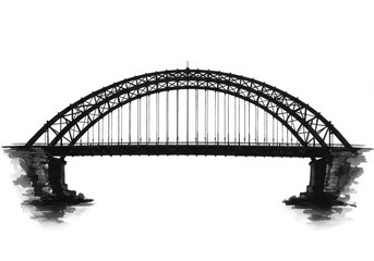 Obraz premium Steel Arch Bridge Silhouette - A striking black and white illustration of a steel arch bridge against a white background. Simple, elegant, and architectural