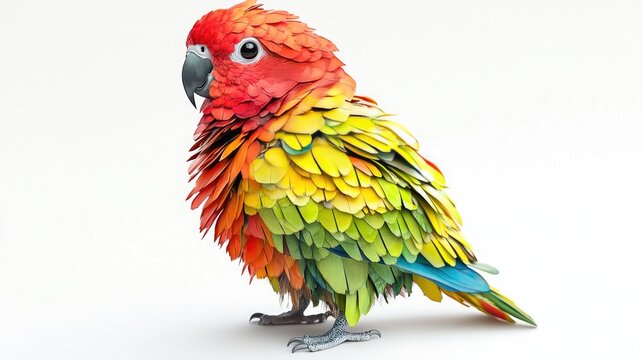 Chubby parakeet in vivid color, fluffy feathers captured in a high-resolution render, clean white backdrop.