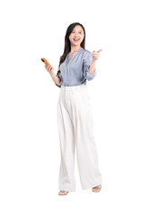 Full body image of young asian business woman using phone and  posing on white background