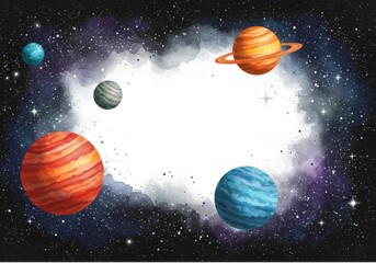 Celestial Bodies in Space - Watercolor painting of planets and stars in space, with a white central area for text. Ideal for space-themed projects