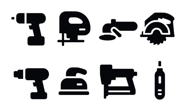 Power tools solid icon set – silhouette style construction, diy, and home repair symbols: drill, jigsaw, chainsaw, circular saw, sander, staple gun, grinder, power wrench.