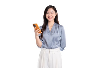 portrait of young asian businesswoman using phone on  background