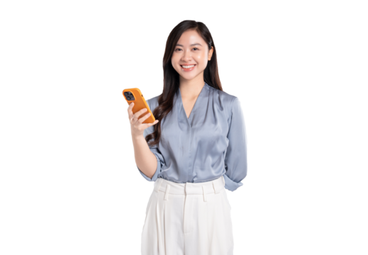 portrait of young asian businesswoman using phone on background