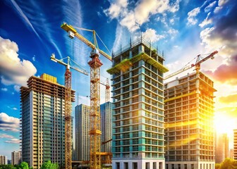 High-Rise Construction: Cranes & Skyscraper Development Stock Photo