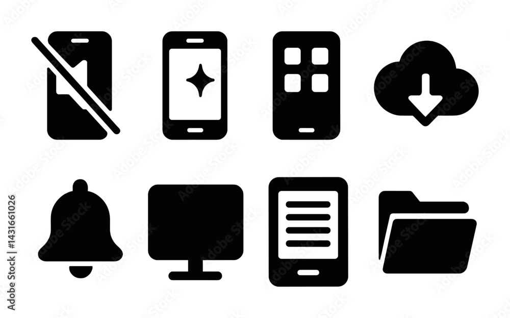 Poster essential mobile interface icons - solid style design elements for apps and user experience: smartph