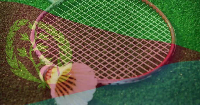 Badminton racket slanting across court with shuttlecock resting under translucent colored bands