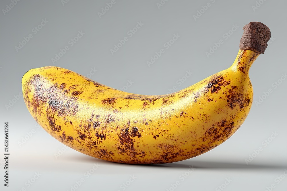 Poster ripe banana with unique markings resting on neutral background in soft lighting