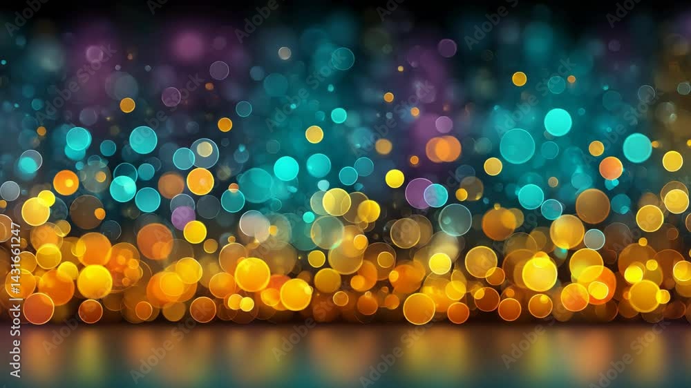 Poster abstract vibrant bokeh background with warm golden and cool cyan light clusters, blurred glowing sph