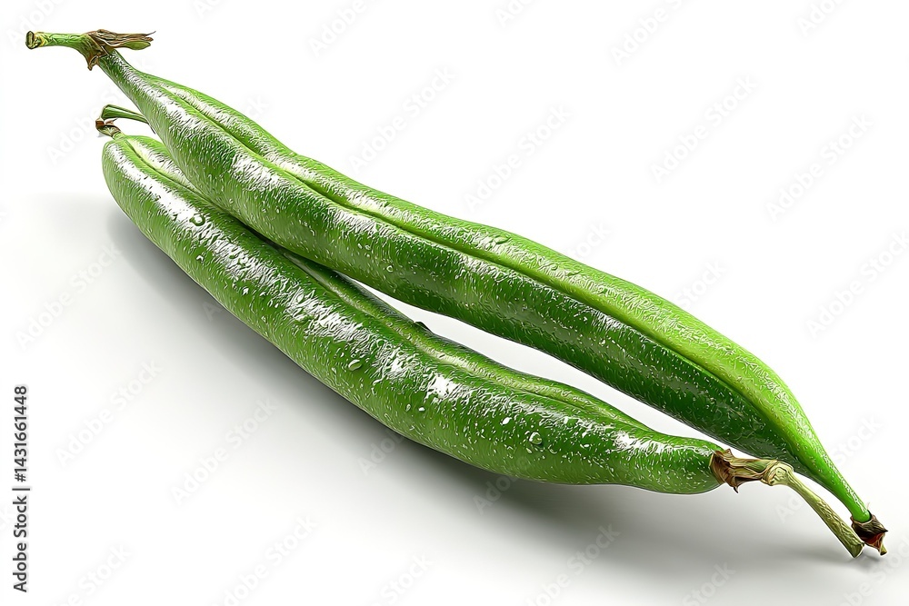 Poster fresh green beans arranged on a white surface with a glossy finish reflecting light in a bright sett