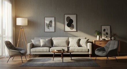 Living Room Interior with Sofa and Armchairs