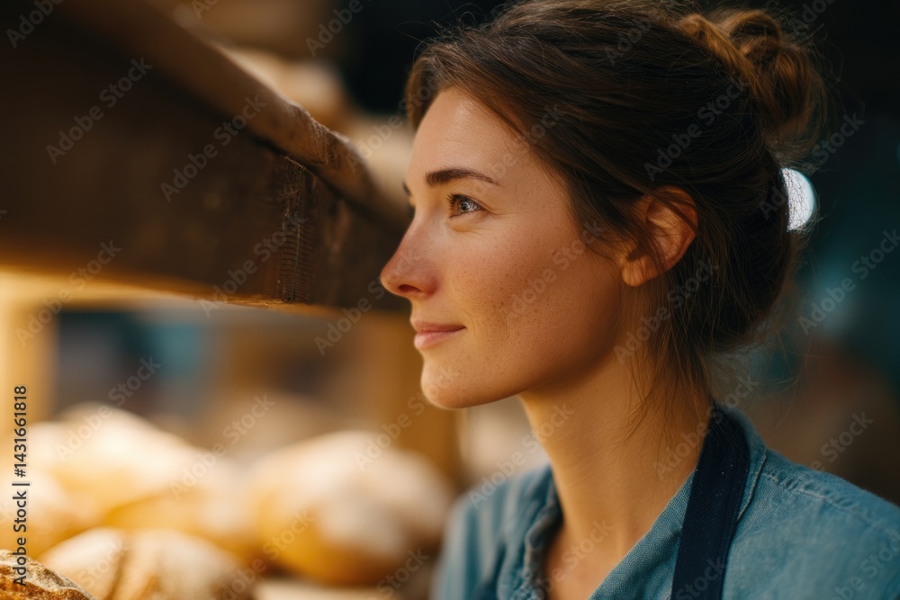 Sticker baker standing in warm softly lit bakery with blurred background