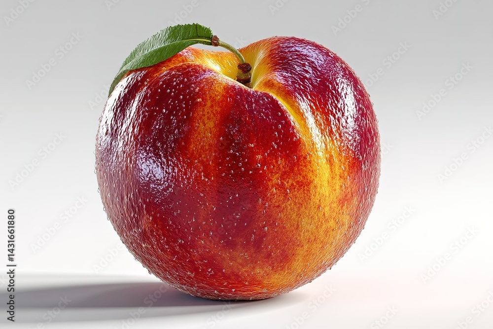 Poster vibrant red apple with a green leaf placed on a light gray surface, creating a fresh and appetizing 