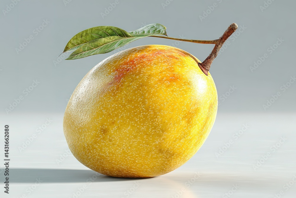 Poster fresh mango with a green leaf resting on a simple background showcasing its vibrant color and unique