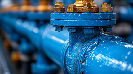 Close-up of blue water pipeline valves and fittings, symbolizing modern infrastructure, efficient water flow, and durability in industrial systems for public utility and sustainable distribution.

