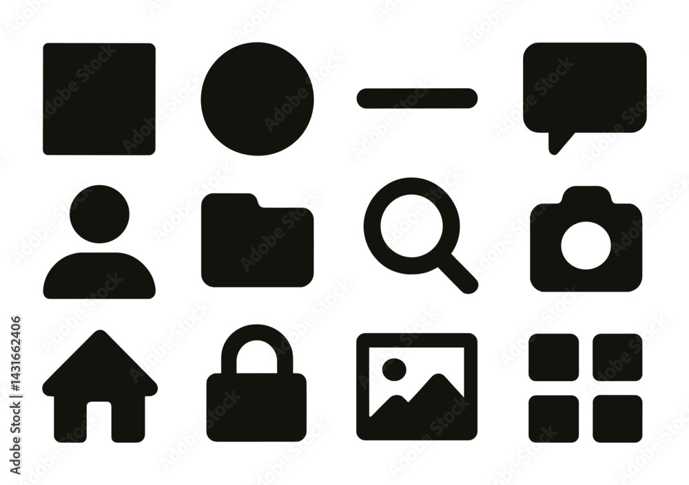 Poster essential user interface solid icons set – flat style for web, app design, and digital interfaces: h