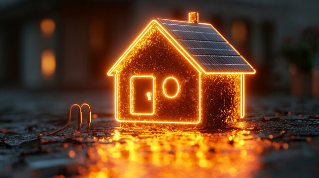 Cute 3D neon house icon with solar panels and electric plug, symbolizing renewable energy, sustainability, and modern eco-living through clean power and smart home technology in a playful style

