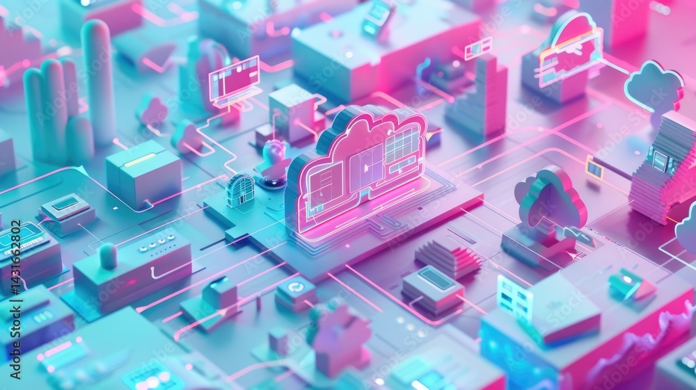 Poster high-tech digital devices and data connections. digital artwork of motherboard and microchip with gl