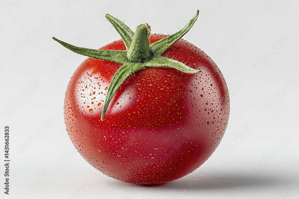 Poster Fresh red tomato with droplets of water on a light background highlighting its vibrant color and texture in a simple composition