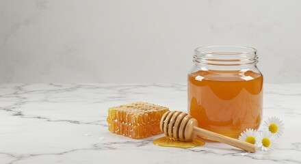 World Bee Day - Honey jar with dipper, honeycomb, and chamomile flowers on a marble surface in a studio setting
