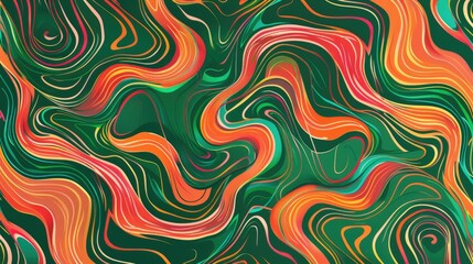 Obraz premium Abstract fluid pattern with vibrant colors in green, yellow, and pink tones. Psychedelic design for wallpaper and fabric. Background image of fluid pattern with vibrant color. Swirling texture. AIG51.