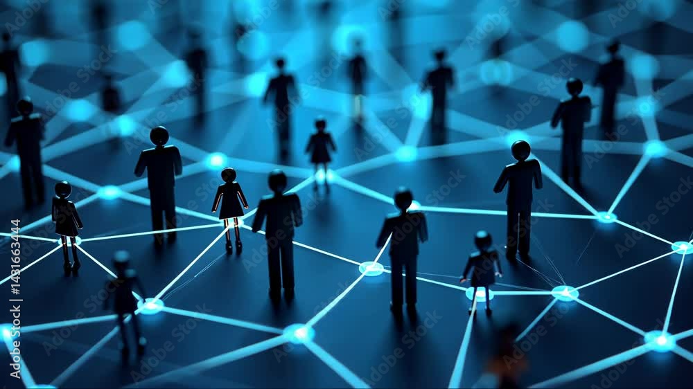 Poster group of people are connected by a network of lines. the people are all different sizes and are spre