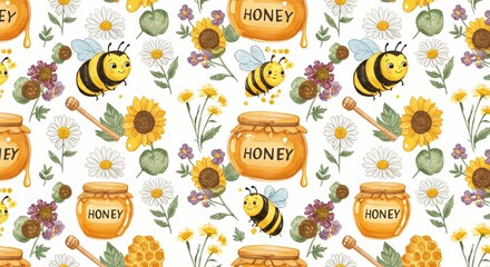 World Bee Day - Watercolor pattern featuring bees, honey jars, sunflowers, and daisies on a white background