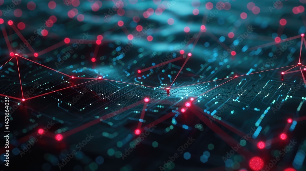Poster vibrant color circuit board with detailed lines and patterns on a dark background. digital art for d