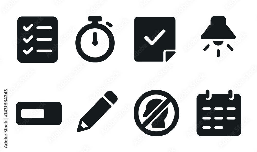 Poster task management solid icons set – filled style productivity, organization, and efficiency symbols fo