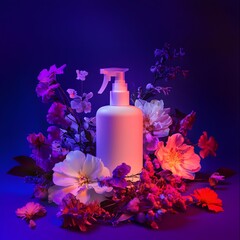 Elegant floral arrangement with a spray bottle set against a vibrant minimalist purple background featuring contemporary cinematic lighting for a serene nature inspired atmosphere