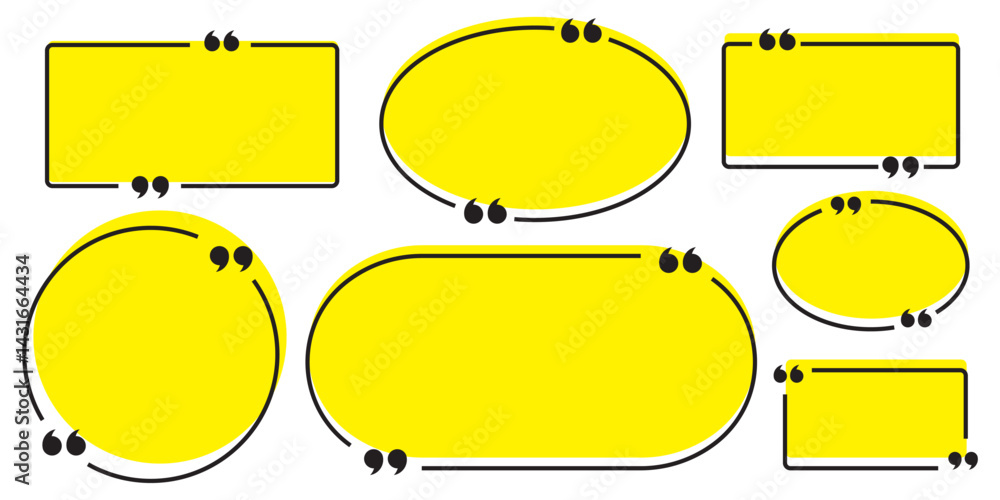 Poster collection of yellow quote box frames and icons. empty speech and quote bubbles. yellow quote box fr