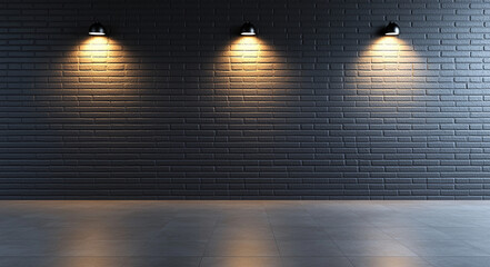 modern black brick wall with three spotlights illuminating surface, creating dramatic effect. sleek design and lighting enhance ambiance of space