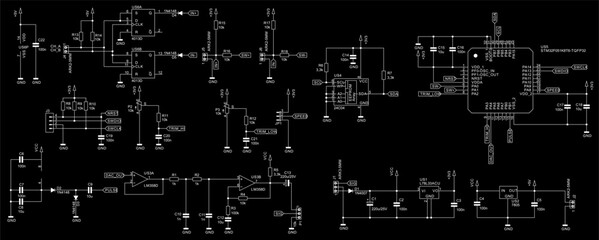 Schematic diagram of digital electronic device 
on paper sheet. Vector drawing electrical circuit with 
micro controller, 
memory chip, operational amplifier, voltage converter, trigger, capacitor.