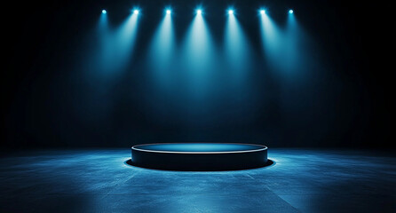 dramatic stage with circular platform illuminated by blue spotlight beams against dark background, creating captivating atmosphere for performances