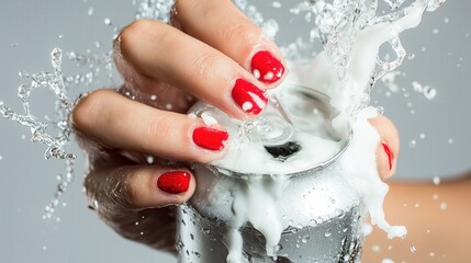 Fototapeta premium splashing soda can held by hand with vibrant red nails capturing excitement of opening in explosive motion. perfect for dynamic beverage marketing or lifestyle content showcasing fun.