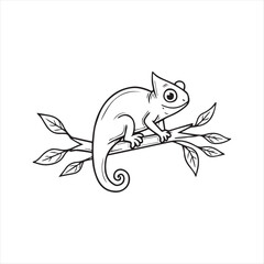 Chameleon Cartoon Illustration on Branch,Cute Chameleon Drawing for Coloring Book,Hand Drawn Chameleon Lizard Vector,Chameleon Sitting on Tree Branch Outline,Funny Chameleon Animal Line Art