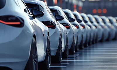 Row of white luxury cars parked in daylight showing modern design, clean lines, and automotive industry.