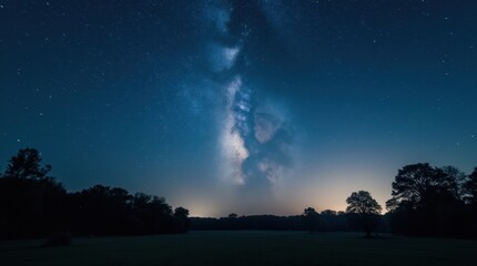 Star-filled summer night sky with the Milky Way over countryside, tranquil mood, silhouettes of trees, deep blue tones
