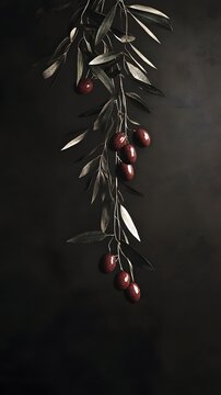 A close up view of a healthy olive branch with several ripe plump olives hanging from it captured in a warm cinematic lighting that adds a serene natural ambiance