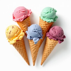 Assorted ice cream cones on white background, vibrant colors, summer treat, appetizing and fresh look
