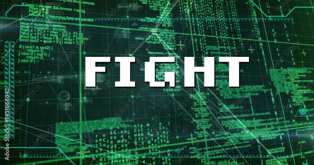 Poster image of fight text over data processing and network of connections