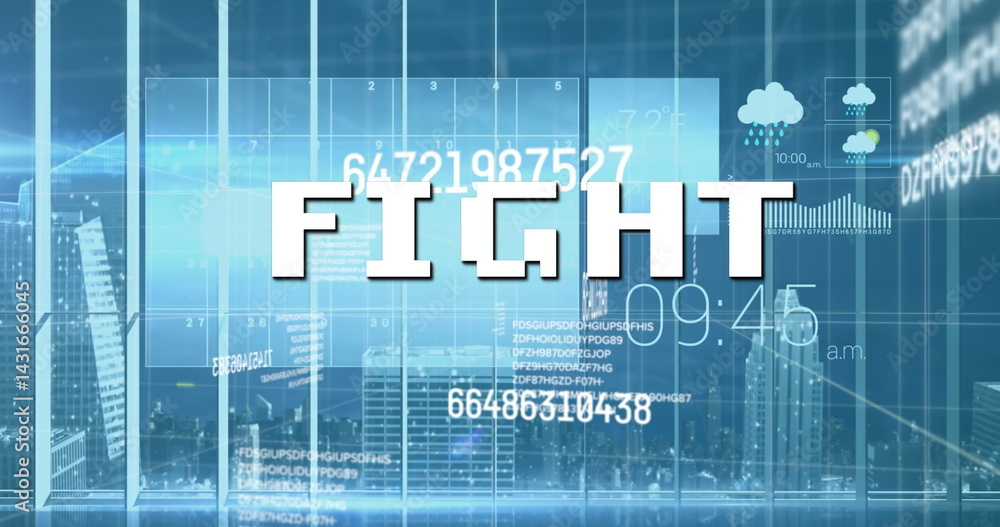 Poster image of fight text over data processing and cityscape