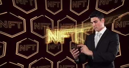 Image of nft over nft in hexagons over caucasian businessman using smartphone