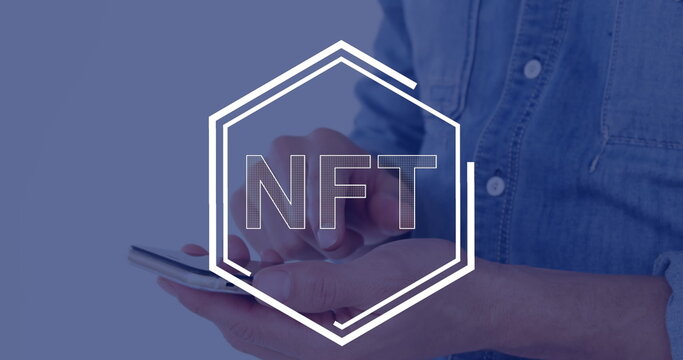 Image of nft in hexagon over hands of caucasian man using smartphone