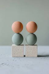 Unique Composition of Colorful Round Shapes Balanced on Textured Blocks in Modern Artistic Display