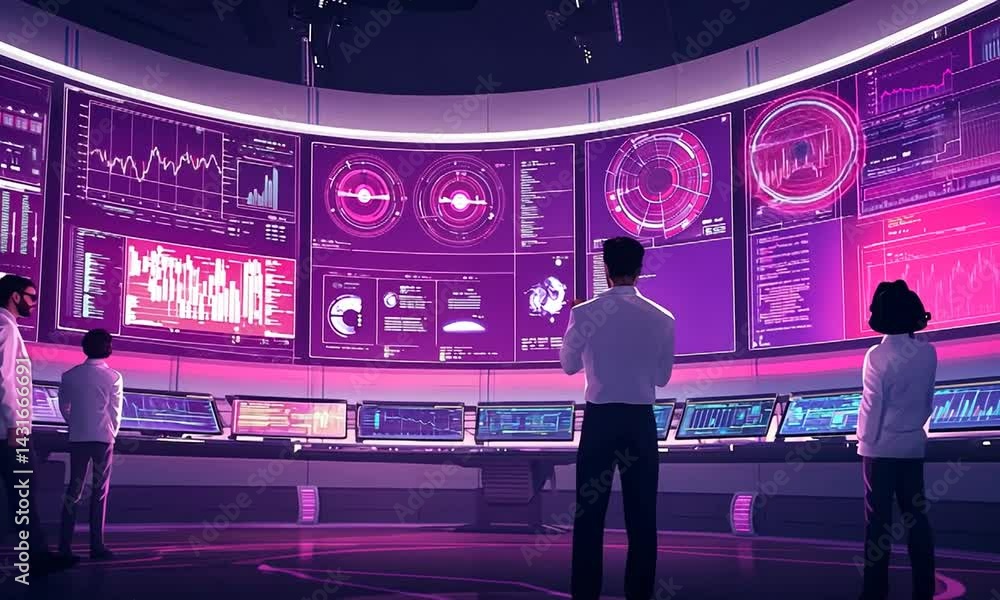 Poster three professionals analyzing data in a futuristic control room with digital displays and graphs